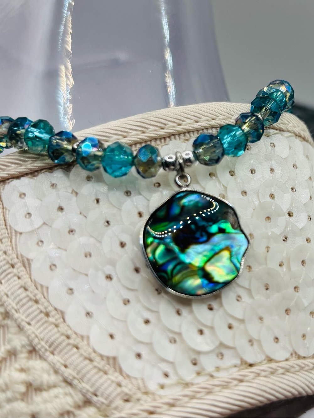 *ANKLET* S.Steel Abalone & AB Teal Blue Green Crystal Stretchy Anklet - Picture 4 of 7